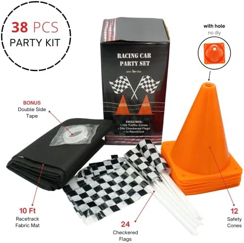 4E's Novelty Race Car Party Supplies Set, 38 Pieces, 12 Traffic Cones, 24 Checkered Flags and Racetrack Floor Runner, Birthday Decorations for Kids - Image 2