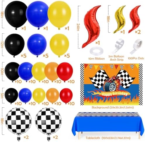 131 Wheels Race Car Birthday Party Decorations Supplies, Racing Red Blue Yellow Black Balloons Garland Arch Kit Backdrop Tablecloth Checkered Foil Balloons, Boy Kid Girl Cars Party Decor - Image 2