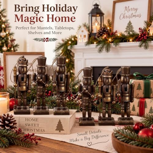 Leinuosen 6 Pcs Neutral Christmas Nutcracker Ornament Wooden Decor, Brown - Image 2