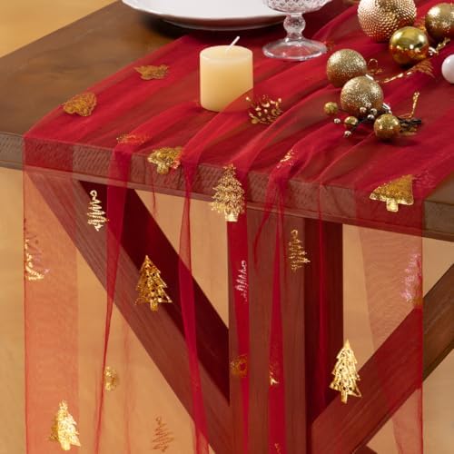 Christmas Tree Table Runner Gold Gauze Glitter Sheer Party Home Table Decor by Socomi