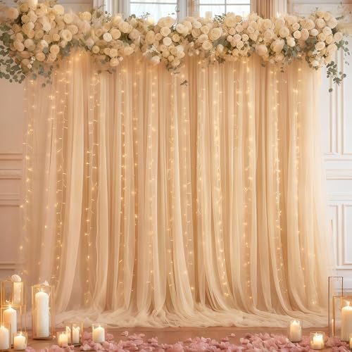 20×10ft Champagne Tulle Backdrop Curtain with Lights String for Parties, Sheer Curtain Backdrop Drapes for Wedding Party Photography Background - Image 5
