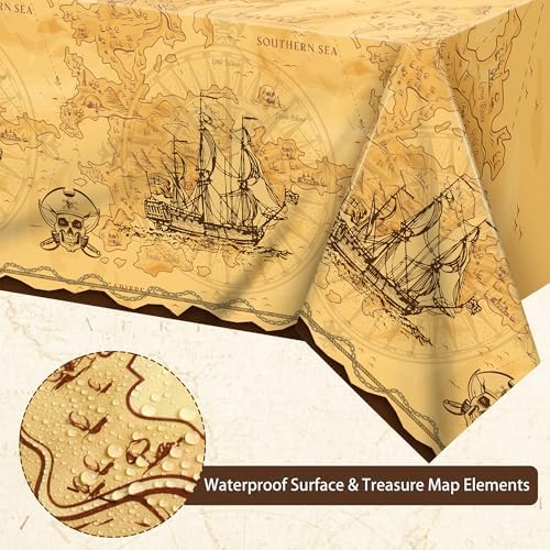 Kochorie 169 Pieces Pirate Tableware Set, Pirate Treasure Map Party Plates and Napkins Supplies with Cups Plastic Cutlery Tablecloth for Adventure Birthday Themed Party Decorations, Serves 24 Guests - Image 3