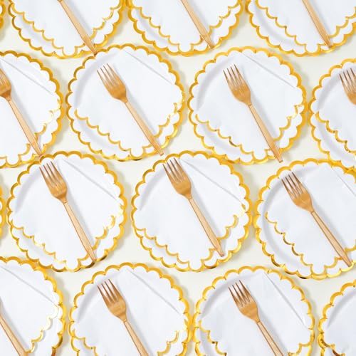 White scalloped party plates with napkins and fork gold foil border, 24 Guest disposable Tableware Set Party Decoration for Birthday Coquette Bridal Baby Shower Valentines - Image 3