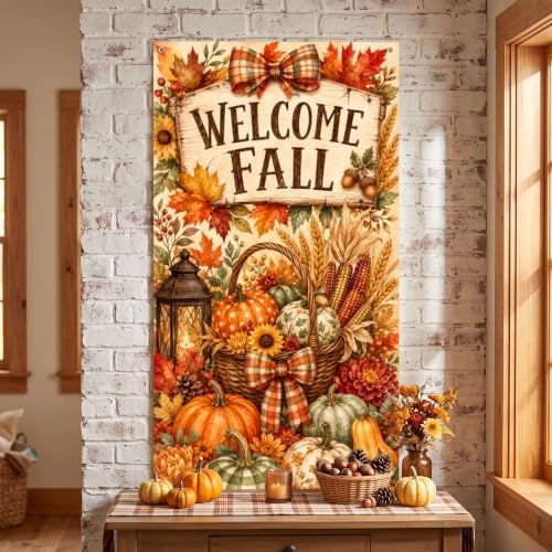 Welcome Fall Door Banner 35×71 Inch Autumn Harvest Porch Hanging Flag Vintage Pumpkin Maple Leaf Harvest Door Cover Decor for Rustic Farmhouse Yard Wall Thanksgiving Outdoor Indoor Decoration - Image 4