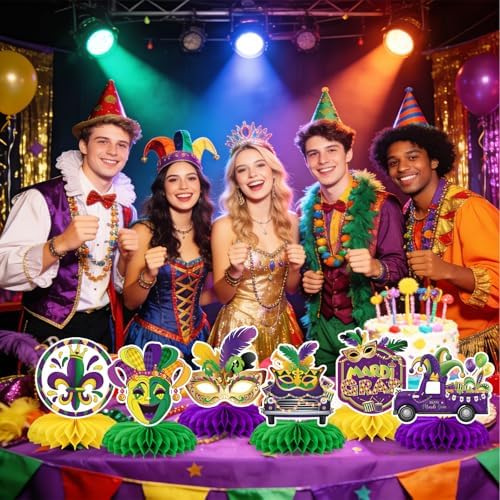 Mardi Gras Party Decorations,9 Pcs Mardi Gras Honeycomb Table Decor,Double Side Mask Crown Table Centerpieces for Carnival Holiday Masquerade New Orleans Party Supplies Decorations - Image 6