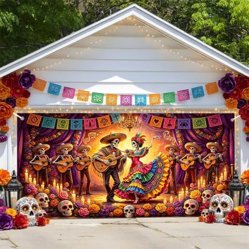 Day of The Dead Garage Door Cover 16x7ft Skull Dancing Halloween Decor by Lacoiime