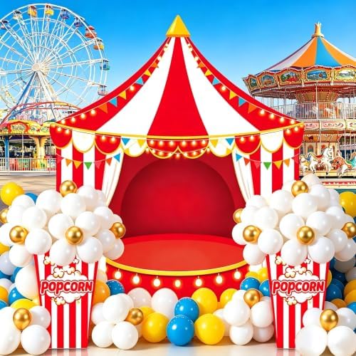 104 PCS Carnival Circus Party Decorations Set Backdrop, Includes Red White Tent Photo Background, Popcorn Boxes with 101 Balloon Kit, Carnival Theme Birthday Party Decor Supplies - Image 5