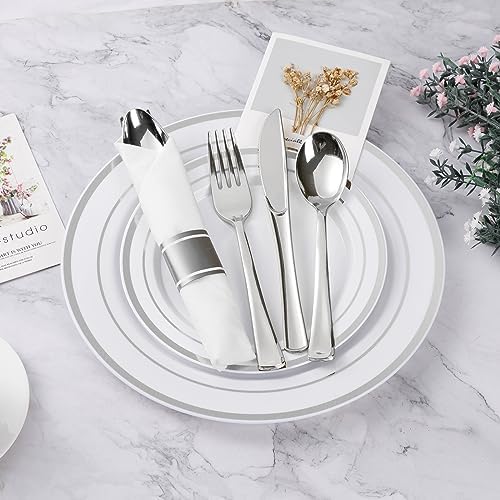 BESTVIP 350 Piece Silver Plastic Dinnerware Set for 50 Guests - Image 2