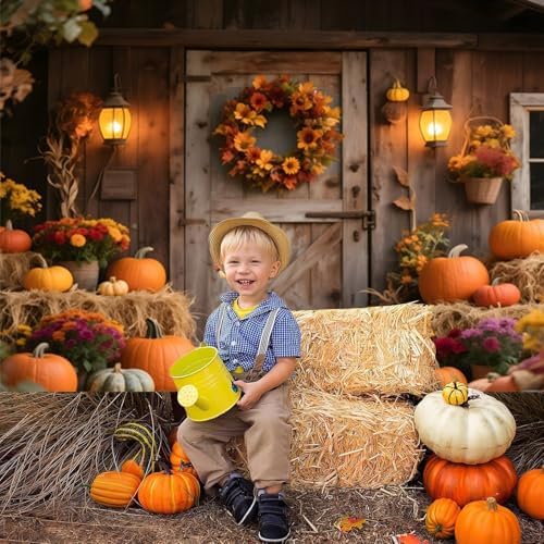12x10ft Fall Backdrops for Photography Glitter Rustic Wooden Barn Door Fall Photo Backdrop Hay Bales Flowers Pumpkins Autumn Harvest Background Warm Thanksgiving Decorations for Outside - Image 3