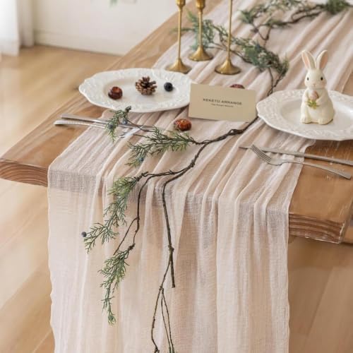 2Pcs Light Beige Cheesecloth Table Runner 120 Inches for Party Home Decor by KEKETOARRANGE