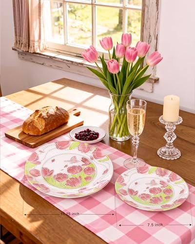 Hioasis 60 Pcs Disposable Plates, Pink Tulip & Butterfly, Pearl Trim - Image 3