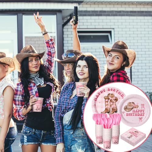 Yungyan 252 Pcs Pink Bow Cowgirl Birthday Party Tableware Set Included Plates Napkins Cups Forks Knives Cutlery for Party Decorations Supplies 36 Guests - Image 6