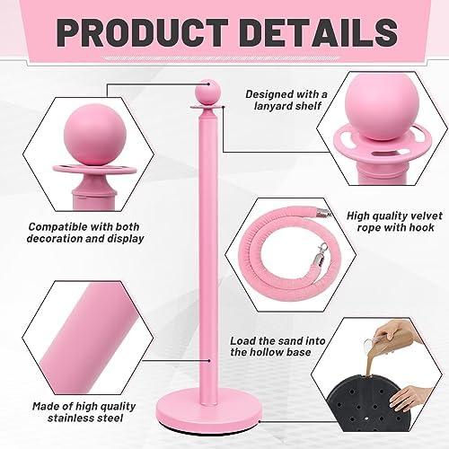 Ferraycle 6 Pcs 6 Pcs Stainless Steel Stanchions 38 Inch Velvet Rope, Pink - Image 5