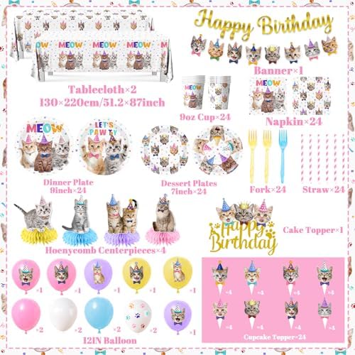 Cat Birthday Decorations,190pcs Cat Party Decorations cat Birthday Plates and Napkins Cups Tablecloth Cake Topper Hanging Swirls Centerpiece Balloon for Ca t Party Supplies - Image 6