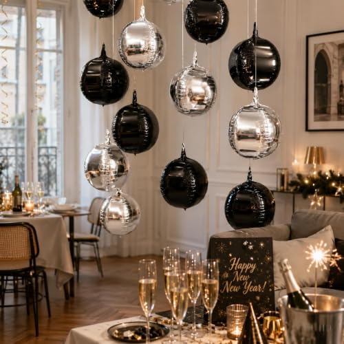 Togvu Black Silver Round Foil Balloons 16PCS Different Size 4D Ball Balloon - Image 6