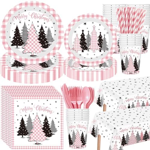 Funnymoom 452 Pcs Pink Christmas Party Decoration for 50, Buffalo Plaid Gingham Pink Xmas Tree Paper Plates Napkins Cups Tablecloth Cutlery Straws for Friendsmas Holiday Baby Shower Party Supplies by Funnymoom