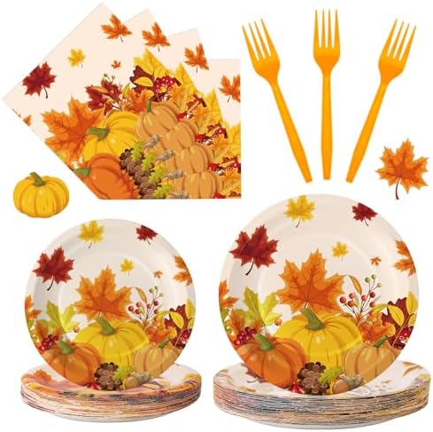 100 Pcs Thanksgiving Plates and Napkins Sets - Fall Pumpkin Maple Leaf Round Tableware, Disposable Thanksgiving Paper Plates and Napkins Forks for Thanks giving Party Supplies Table Decor, Serves 25 by Litmitfu