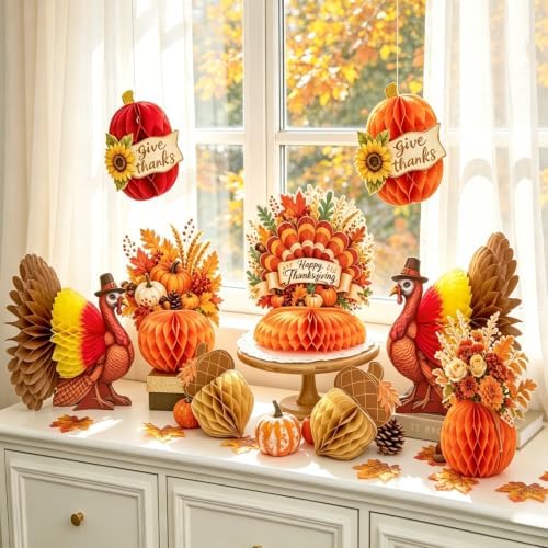 SUNBEAUTY Fall Thanksgiving Decorations, Thanksgiving Table Centerpieces, Honeycomb Turkey Centerpieces Fall Pumpkin Hanging Decor for Autumn Classroom Festival Home Office Table Decor by SUNBEAUTY