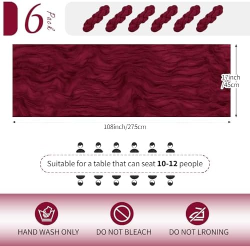 6 Pack Burgundy Cheesecloth Table Runner 17x108 Inch Semi Sheer Boho Gauze Cheese Cloth Fabric Table Runners Table Decor for Wedding Party Baby Shower Birthday Home Decor Garden Farmhouse - Image 2