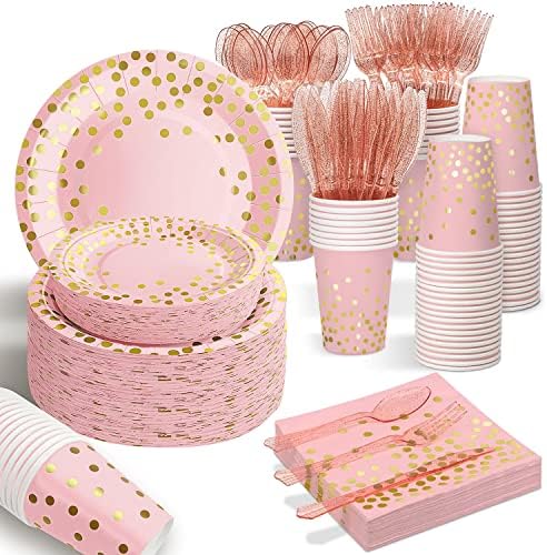 AIRE Pink Gold Paper Plates, 175PCS Disposable Dinnerware Set for 25 Guests by AIRE
