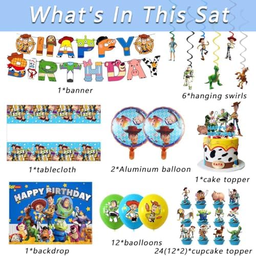 48PCS Toy Story Birthday Party Supplies Set, Including Happy Birthday Banner, Backdrop, Swirl Decorations, Balloons, Cake Topper, Cupcake Toppers, Tablecloth - Image 3