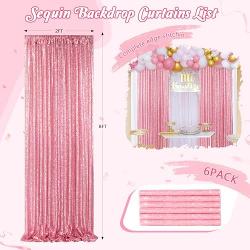 Backdrop Curtains Blush Pink Glitter Sequin Photo Curtain 6 Panels 2ftx8ft - Image 4