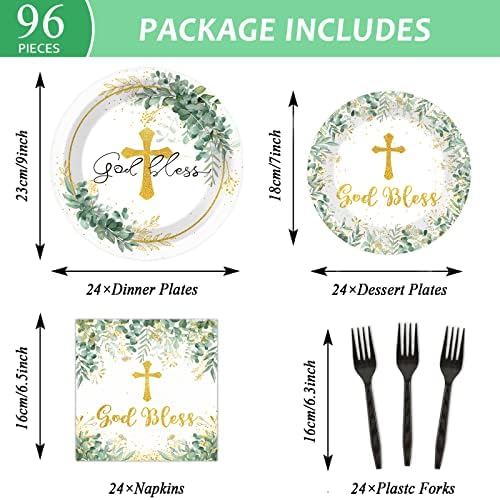 96 Pieces God Bless Party Plates Baptism Theme Party Decorations First Holy Communion Paper Plates and Napkins Mi Bautizo Eucalyptus Leaves Sage Disposable Dessert Tableware Set Supplies 24 Guests - Image 2