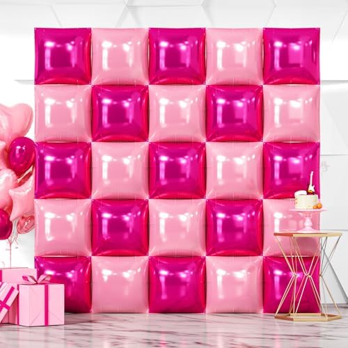 NISOCY 25PCS Hot Pink and Rose Square Foil Balloons Wall Backdrop by NISOCY