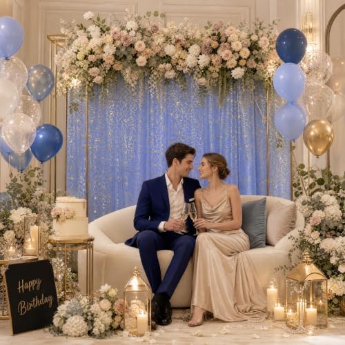 Bupelo Blue Tulle Backdrop Curtains with Gold Foil 15x8ft Sheer Curtain - Image 5