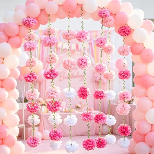 Gradient Pink Tissue Paper Pom Pom Garlands, Paper Flowers for Birthday Decorations, Baby Shower, Wedding Engagement, Bridal Shower, Spring Summer Party Decorations, 2 Pcs - Image 6