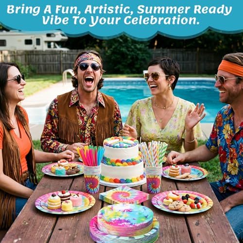 450 Pcs Tie Dye Tableware Set, Serve 50, Rainbow - Image 4