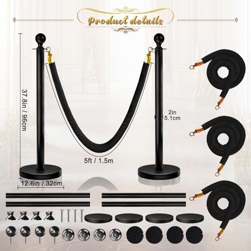 4 Pcs Black Stanchions with Velvet Ropes with 3 Pcs 5 Ft Black Velvet Ropes Carpet Ropes Posts Stanchion Set for Crowd Control Barriers for Weddings, Events, Hotels, and Party Decor - Image 2