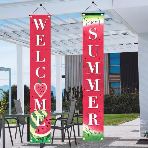 BlissYard 2pcs Welcome Summer Door Banner Watermelon Porch Banner Sign Sweet Fruit Time Front Door Hanging Decor Banners for Summer Home Hawaii Tropical Party Outdoor Decorations - Image 6