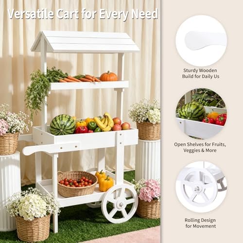 Flower Cart Display Stand with Wheels, 3-Tier Wooden Candy Cart - Image 5