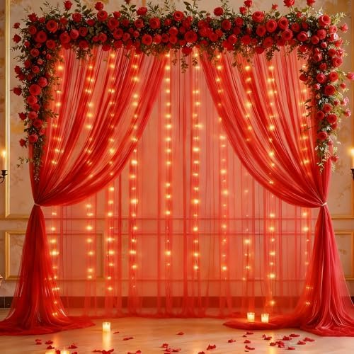 20x10ft Red Tulle Backdrop Curtain with Lights String for Parites, Sheer Photo Backdrop Curtains with Lights for Christmas Wedding Ceremony Reception Bridal Shower Baby Shower Birthday Party by PartyTalk