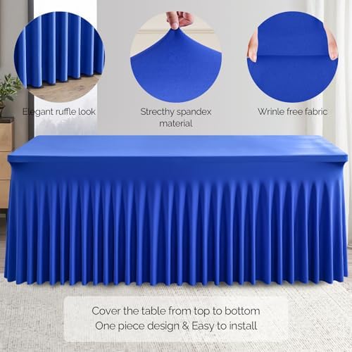 Wish Care 2 Pack Royal Blue Spandex Table Clothes for 6 Foot Rectangle Tables, 6FT Wrinkle Free Fitted Tablecloths Ruffles Design Table Cloth for Party, Banquet, Wedding and Events - Image 2