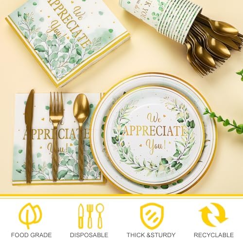 Yungyan 252 Pcs Sage Green Thank You Party Tableware Set Thank You for All You Do We Appreciate You Plates Napkins Cups Cutlery for Employee Teacher Graduation Appreciation Party 36 Guests - Image 3