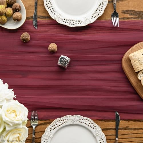 Artoid Mode 6PCS Burgundy Gauze Table Runner 120 Inch 10FT, Seasonal Sheer Kitchen Dining Holiday Wedding Birthday Baby Shower Table Decor for Home Party - Image 2