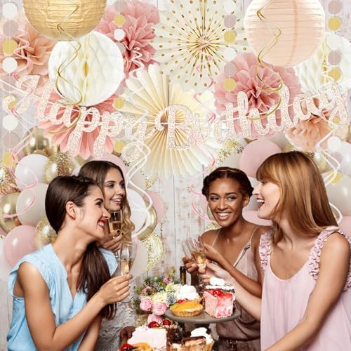 Boho-Pink Birthday Decorations, Happy Banner, Women Paper Lanterns Honeycomb, One Sweet Peach Streamers Garland, Retro Blush Pink Beige Metallic Gold Balloon for Birthdays Party Décor - Image 7