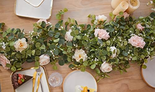 Anna's Whimsy 5.91FT Artificial Eucalyptus Garland with Flowers, Fake Rose Gypsophila Garland, Faux Floral Greenery Garlands for Wedding Spring Party Art Table Runner Decor (Pink, 1) - Image 7