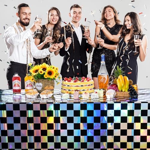 3Pack Black and Iridescent Checkered Plastic Tablecloth, Shiny Disposable Laser Rectangle Table Covers, Holographic Foil Tablecloth Iridescent Party Decorations for Picnic Camping Race Car, 54x108Inch - Image 7