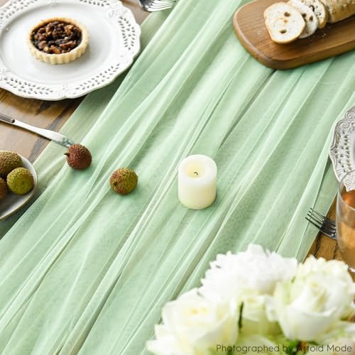 Artoid Mode Light Green Gauze Table Runner 120 Inch 10FT, Seasonal Sheer Kitchen Dining Holiday Wedding Birthday Baby Shower Table Decor for Home Party - Image 6