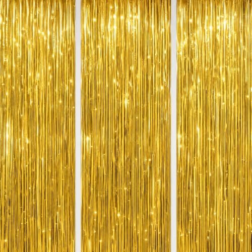 DECOCKRAT 3 Pack Foil Fringe Backdrop - Gold Shiny Tinsel Curtains for Party Decoration/Photo Booth Props - 3.3x8.2 FT Metallic Foil Backdrop for Birthday, Wedding, Graduation, Christmas. by DECOCKRAT