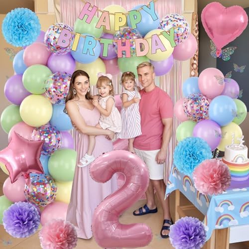 Pastel 2nd Birthday Colorful Party Decorations Girls Pink Number 2 Balloon - Image 6