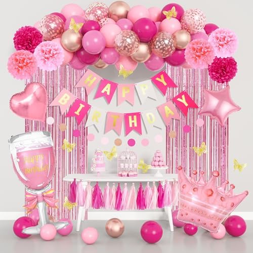 Hot Pink Birthday Party Decorations for Women Girls Happy Birthday Banner by OuddyParty