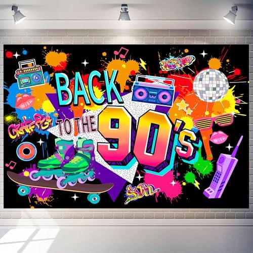 90s Photo Background 7 x 5 ft Polyester 80s Theme Backdrop Back to The 90s Banner 1990s Party Decorations Kids Adults Portrait Photography Props for Birthday Party Anniversary Event Supplies by Unknown