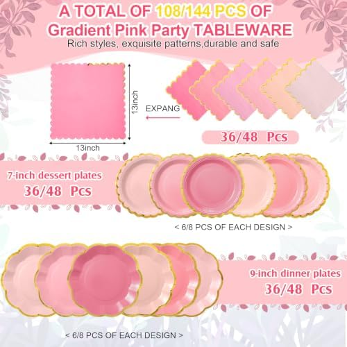 108 Pcs 36 Guests Pink Paper Plates and Napkins Party Supplies - Image 2
