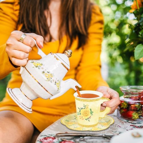 48 Sets Floral Paper Tea Cups and Saucers Disposable Tea Party Supplies Colorful Flower Teacups with Handle and Plates for Hot Cold Drink Wedding Birthday Party Baby Shower - Image 5