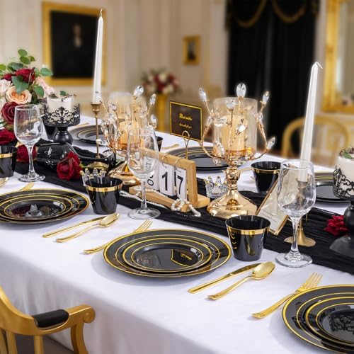 WELLIFE 600 PCS Black Gold Disposable Dinnerware Set for 100 Guests - Image 5