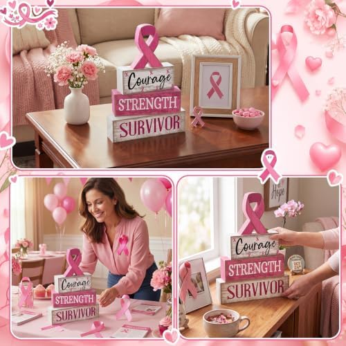 Moucuny 4 Pcs Breast Cancer Awareness Table Decoration Wooden Pink Ribbon - Image 5
